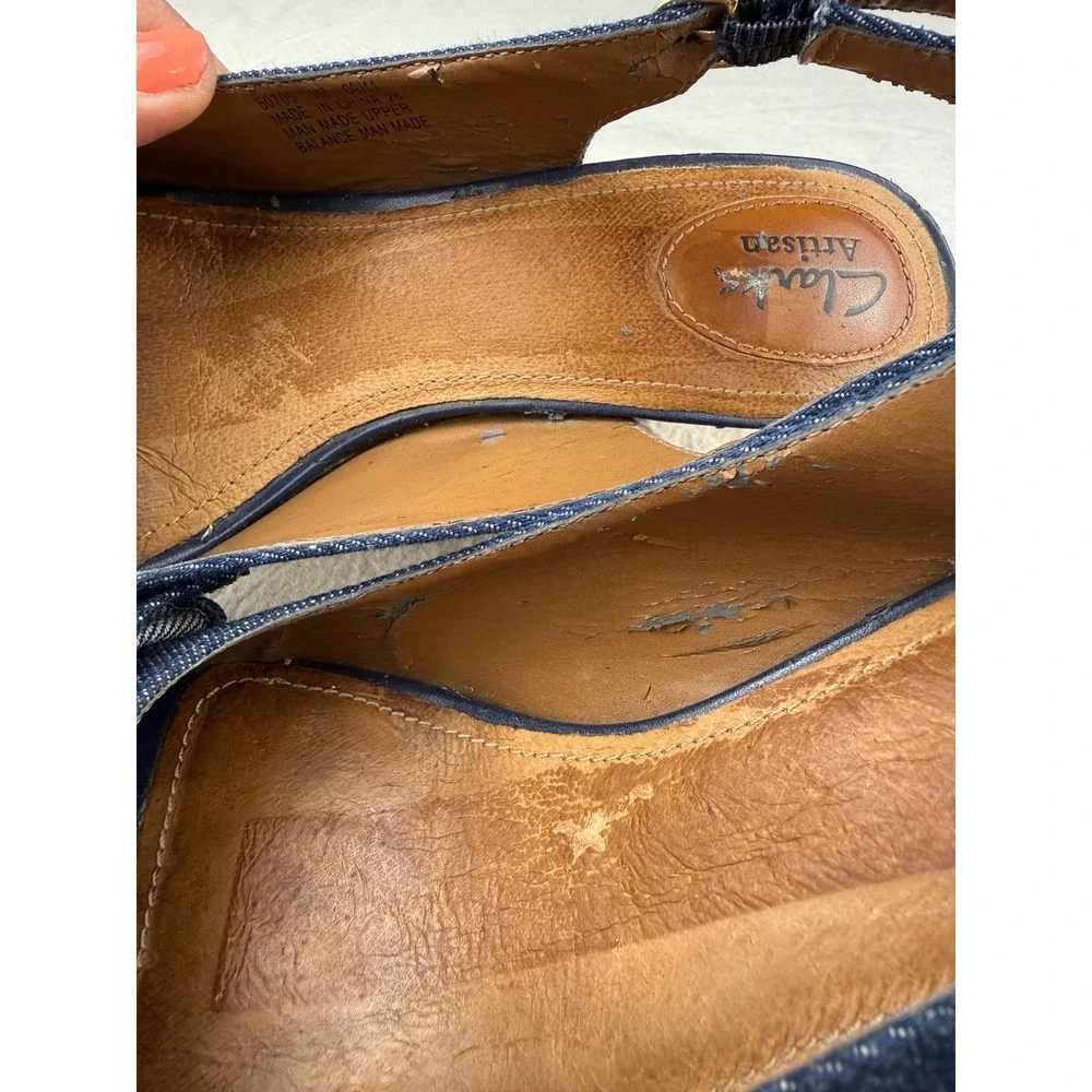 Clarks Slingback Wedges Womens 9M Blue Good Condition Denim Bow Peep Toe 60705